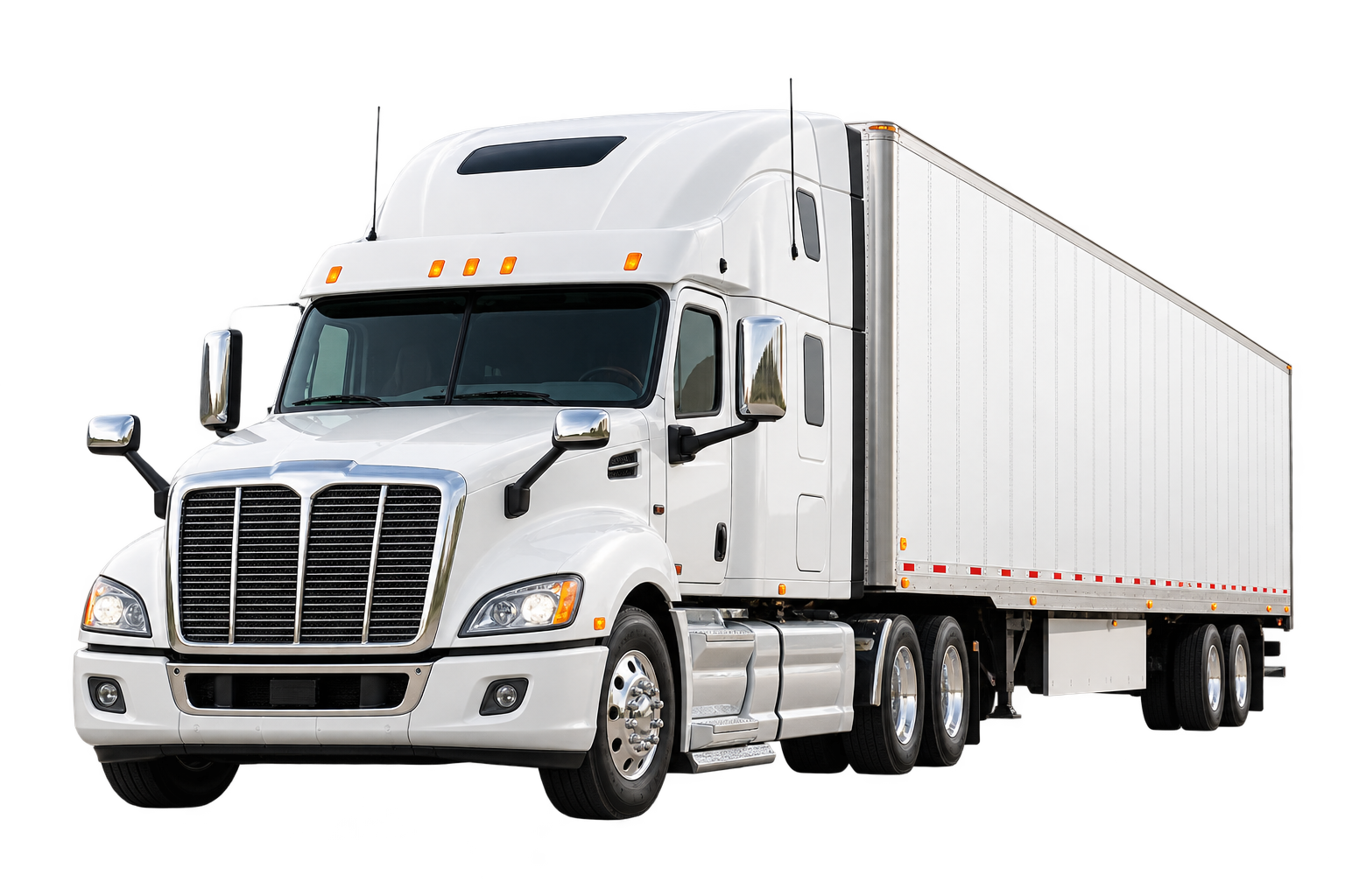 White semi truck with a dry van trailer